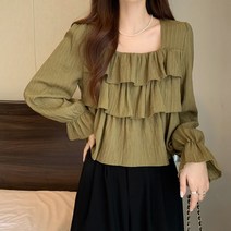 POMTOR 스퀘어넥 퍼프소매 프릴 쉬폰 블라우스