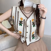 뜨개 펀칭 단추 니트 조끼 여성 여름 플라워패턴