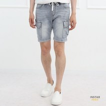 빅사이즈 사선포켓 스판 카고 청반바지 남성 여름 허리밴딩 카모반바지 워싱 카고팬츠