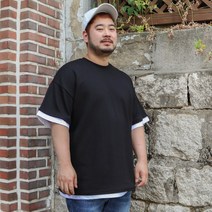 베어릭 남자 빅사이즈 ET LEO 오버핏 레이어드 무지 반팔 라운드넥 티셔츠 면티 큰옷 여름 큰사이즈 기본 루즈핏