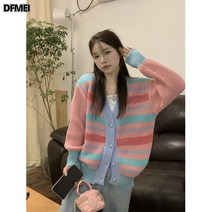 보들보들 무지개 스트라이프 브이넥 니트 코트 여 가을 나른풍 루즈핏 니트 카디건 상의