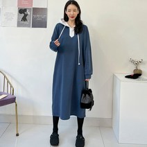 퍼니걸스 9799 박시핏 배색 후드 기모 롱 원피스 여성의류