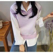 상상그이상 여성용 빗살 브이넥 배색 니트조끼 캐주얼 이너 레이어드 베스트 오버핏 조끼