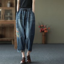 여성 자수 청바지 복고풍 꽃무늬 고무줄 엄마 와이드 플라워 독특한 데님팬츠