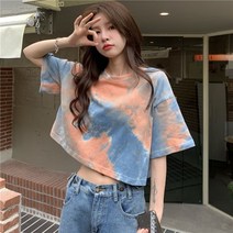 오프반팔티 홀치기염색 t셔츠 여성 여름 2023 디자인감각 보이핏 볼륨 크롭 숏 달콤하고 맵다 누이동생 4998655623, 무 이니셜 귤색 L