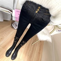 생지데님 겨울 필수품! 특히 얇고 서양식 블랙 그레이 하이 웨이스트 배가 꽉 끼는 청바지 여성용 플리스 슬림핏 바지 겨울 스키니