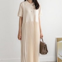 [바보사랑] 여성 여름 봄 큐빅 단추 플리츠 니트 원피스