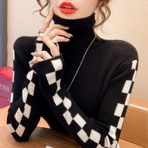 하이넥 블라우스 니트 면접 터틀넥 티셔츠 여성 체크 무늬 가을 따뜻한 기본 디자인 빈티지 탑스 단순한 모든 경기 레저 칙 4 색 jr