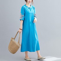 라오농 여성용 느슨한 면과 린넨 자수 드레스 LL +04F5rQf6U