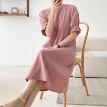 여자 임부복 핀턱 반팔 박시 라운드 린넨면 롱원피스