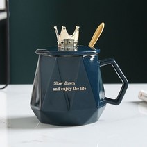 ZZJJC 머그잔55도항온수컵오피스남녀우유커플가정용도자기잔대용량커피잔, 삶을 즐겨라-블루, 컵+크라운캡+벚꽃스푼