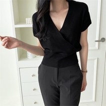 셀러허브 여성패션 슬림핏 크롭 여성 브이넥 랩 반팔 여름 니트 티셔츠