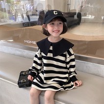 CYHAUN 긴팔 여아블랙 앤 화이트 스트라이프원피스 프릴 루즈핏 봄