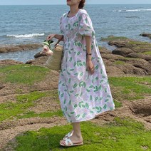 플라워 프린팅 라운드 넥 퍼프 소매 반팔 바이올렛 블루 꾸안꾸 루즈핏 오버핏 편한 롱 원피스
