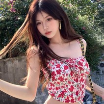 캐미솔 여름나시 브라탑티셔츠 끈 플로럴 프린트 여성 캐미솔 드로스트 레이스 슬림 스위트 크롭 탑 코리안 버전 188567