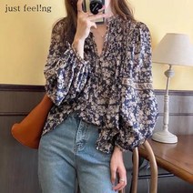 just feel!ng 여성 빈티지 피크닉핏 브이넷 퍼프 소매 탑 셔츠 예쁜블라우스 꽃무늬쉬폰 리조트룩