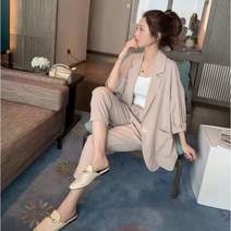 Momolatti 여성 고무줄 긴 바지 봄가을 오피스룩 정장 2세트