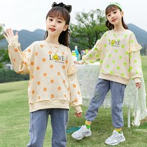 베비포 여아용 러브 땡땡이 맨투맨 청바지 상하복 세트 BK6