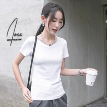 파킨리 여성용 U넥 슬림 반팔 티셔츠
