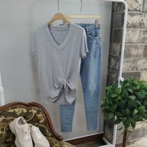상상그이상 여성용 내추럴 겹브이넥 슬림핏 반팔 티셔츠