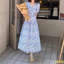 잇츠스타일 [L-4XL] 브이넥 블루 플라워 여름 롱원피스