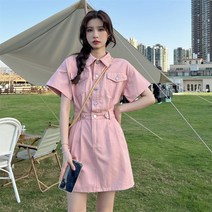 YAPOGI 데님 반팔 원피스 여여름 2023 시크한 허리 조임 A라인 스커트
