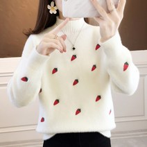 스타일아유 여성용 울 반폴라 딸기 자수 패턴 데일리 니트 폴라 니트티셔츠 가을 겨울