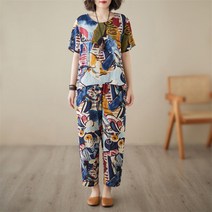 여름 여성 루즈핏 린넨 반팔 상의+9부 팬츠 투피스 여성 개량복장