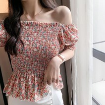 화려한 여친룩블라우스 플라워 스모크밴딩 블라우스