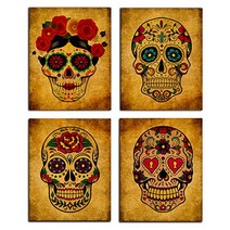 할로윈장식 FaCraft Sugar Skull Wall Art Decorations Set of 4 Day of The Dead Skeleton Vintage Abstract Painting Picture for Living Room Bedroom Office, 본문참고