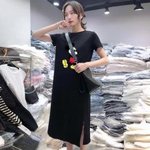 트렌드한 원피스 여름옷 애니메이션 심볼미키 반팔 티셔츠 여성 무릎넘어 트임이 길다 x2개 2425498001
