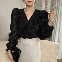 오버클래쓰 여성 브이넥 루즈핏 러블리 셔링 프릴 긴팔 블라우스