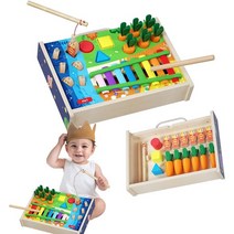 4 in 1 Montessori Wooden Hammering Toys with Xylophone Fishing Game Shape Sorter Carrot Harvest for, 한개옵션0