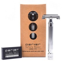 Parker Safety Razor 87R 크롬 - 짧은 손잡이 고중량 버터플라이 오픈 더블 엣지 안전 면도기 남성용 프리미엄 플래티넘 면도날 5개 포함 154874, 82R Chrome