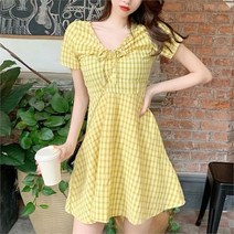드레스날다 레몬하임 체크 브이넥 셔링 미니 원피스 mops1272