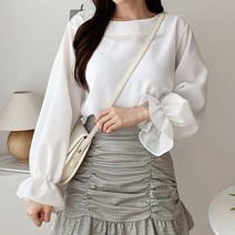 여성 데일리 편한 폴리 소매 프릴 라운드 블라우스