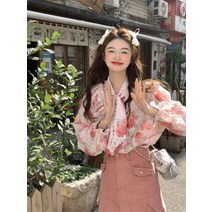 여자 플라워 장미 꽃무늬 레이스 자수 리본타이 프릴 러플 벌룬소매 핑크 봄 쉬폰 블라우스