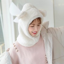 겨울 보디히트 헤드커버 여전기차 겨울 장비 방한 방풍 마스크 라이딩 스키 기모 두꺼운 목도리, 곰스카프원피스모자화이트(벨벳짙은)[마스크없이], 기본