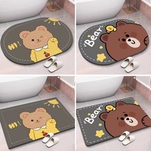 미끄럼 방지 타원형 만화 귀여운 흡수 패드 욕실 주방 매트, 40X60cm, 귀여운 곰 브라운