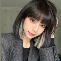 시크릿 투톤 단발 통 가발 보브컷 중단발 전체 숏단발 염색 애쉬 그레이 금발, 브라운-블루