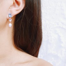 Sale 썸머 사파이어 블루 진주 큐빅 드롭 귀걸이 925은침