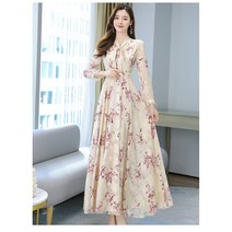 NEW 쉬폰/긴팔/리본/플리츠/플라워패턴/슬림/여성 롱 원피스 데일리/데이트/봄가을 원피스
