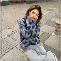 jingcheng 가을겨울 블루 호피 니트 여성 패션 긴팔 니트 상의