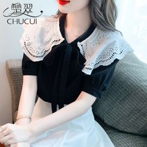 빅카라 블라우스 둥근카라블라우스 브이넥 셔츠 패션 레이스 대형 칼라 쉬폰 여성 여름 드레스 숏 소매 탑 독특한 인형