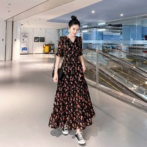 쉬폰 허리 스트링 롱원피스 프렌치 원피스 여름 반팔 기질 슬림 브이넥 조거 날씬해 보이고