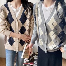 여성 아가일 패션 V라인 심플 베이직 니트 가디건
