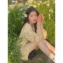브이넥원피스 마음이 변하다 백 움직이다 봄 일 플라워 세부 상패 디자인감각 부드러운 클래식 엘로우 2594192533