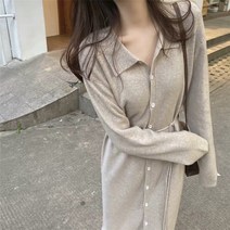 돌체비타샵 단추 카라 롱 허리끈 니트 원피스