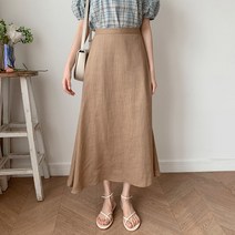 네쥬 여성 여름 린넨 편한 뒷 밴딩 플레어 롱 스커트