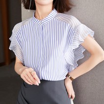 B&H style쉬폰 반팔 프릴 줄무늬 블라우스 255